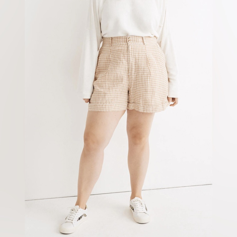 MWL Beige Gingham High-Rise Linen Shorts